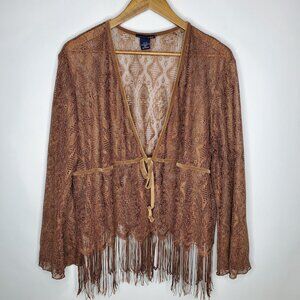 Venzia Womens Y2K Brown Lace Fringe Cardigan Size 18 Velvet Whimsy Fairy Grunge